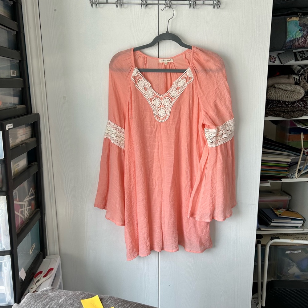 Light weight coral with white lace blouse